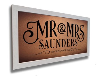 Personalized Wedding Sign: Walnut Frame, Brushed Metal, Mr & Mrs