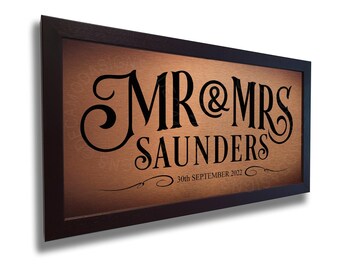 Personalized Wedding Sign: Brushed Metal, Walnut Frame
