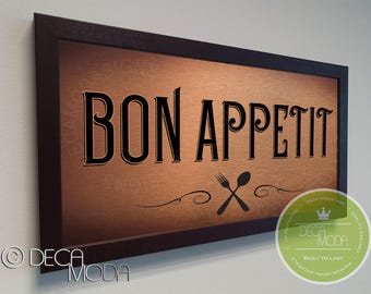 Letrero Bon Appétit: Decoración de cocina de metal cepillado, marco de madera.