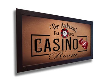 Personalized Casino Room Sign: Walnut Frame, Brushed Metal Finish