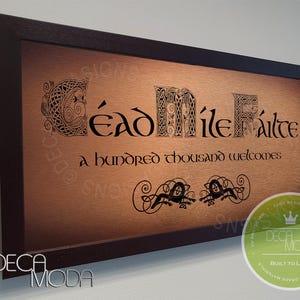 Cead Mile Failte Sign: Irish Welcome, Brushed Metal, Wood Frame