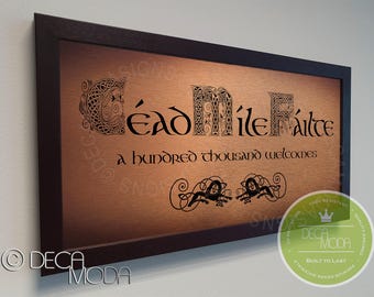 Cead Mile Failte Sign: Irish Welcome, Brushed Metal, Wood Frame