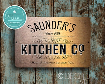 Placa de cozinha personalizada: acabamento em cobre escovado, decoração personalizada.