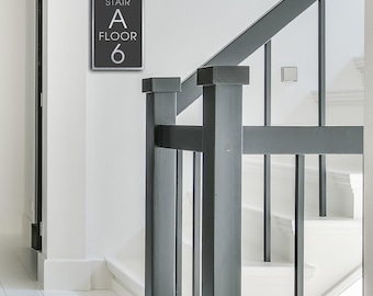 Custom Stair Number Sign: Brushed Silver Metal, Wayfinding Direction