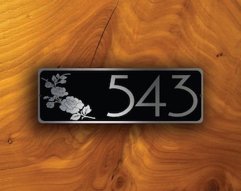 Personalized House Number Sign: Brushed Silver Metal with Rose Design