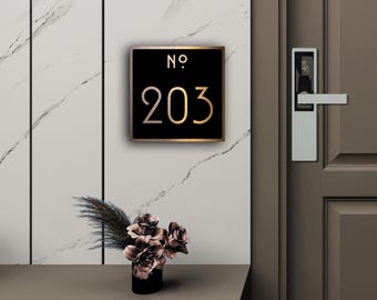 Cartelli per camere personalizzati / Numeri per camere d'albergo / Numeri per appartamenti / Finitura nera e rame / Design contemporaneo / Arredamento per hotel