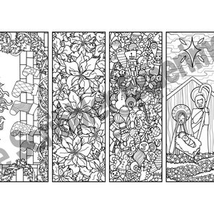 May include: Four black and white Christmas themed bookmark designs. The first bookmark features a fireplace with stockings hanging from it. The second bookmark features a poinsettia flower. The third bookmark features a variety of Christmas ornaments and symbols. The fourth bookmark features the nativity scene with Mary, Joseph, and baby Jesus.