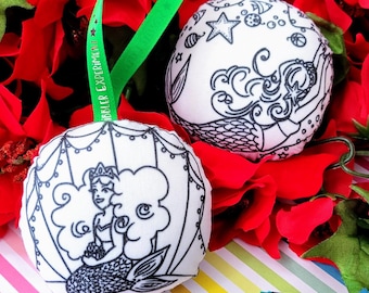Double Sided Mermaid Ornament, Christmas Mermaid Coloring Ornament, Christmas crafts, stocking stuffers for adults, Beach Christmas Ornament