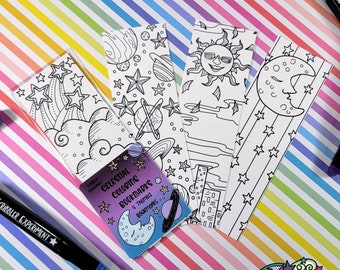 May include: Five celestial themed coloring bookmarks with images of planets, stars, a sun, and a moon. The bookmarks are printed on white cardstock and have a black and white design. The bookmarks are packaged in a clear plastic sleeve with a label that reads "Celestial Coloring Bookmarks" and "Themed Bookmarks".
