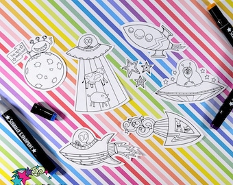 alien coloring stickers for laptop, cow abduction UFO stickers for journaling, Easter basket stuffers for teens, science fiction stickers