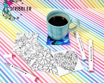 Flower Coloring Coasters, Craft Kits for Adults, Fabric Coasters Set of 4, Christmas Gifts for Coworker, DIY coaster kit, Gift for Tea Lover