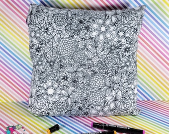 Flower Coloring Throw Pillow, Creative Gift for Teen, Girl Bedroom Decor, Plant Mom Gift, Christmas Gift for Gardener, Birthday Gift