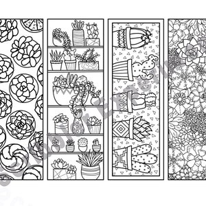 May include: Four black and white printable bookmark designs featuring succulents and cacti in pots. The designs are perfect for coloring.