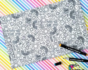 Hanukkah Coloring Placemats, Hanukkah Table Setting, Chanukah Placemats, Hanukkah Crafts for Kids, Holiday Crafts for Toddlers