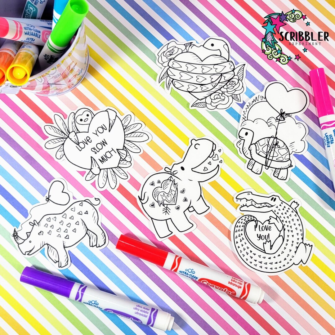Animal Valentine Coloring Stickers for Girls, Valentine Classroom ...