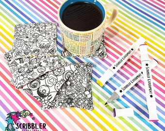 Brunch Coloring Coasters, Craft Kit for Adult, Fabric Coasters Set of 4, Christmas Gift for Coworker, DIY coaster kit, Gift for Tea Lover