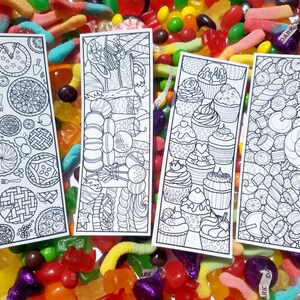 May include: Four black and white printable bookmarks with different designs. The designs include pies, cupcakes, and candy.