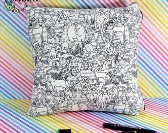 Woodland Coloring Throw Pillow, Christmas Home Gift, Forest Animal Decor, Girl Bedroom Decor, DIY Pillow Kit, Birthday Gift for Animal Lover