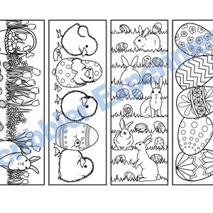 May include: Four black and white printable bookmarks featuring Easter themes. The first bookmark has a basket of eggs and flowers. The second bookmark has chicks and eggs. The third bookmark has bunnies and eggs. The fourth bookmark has eggs with different patterns.