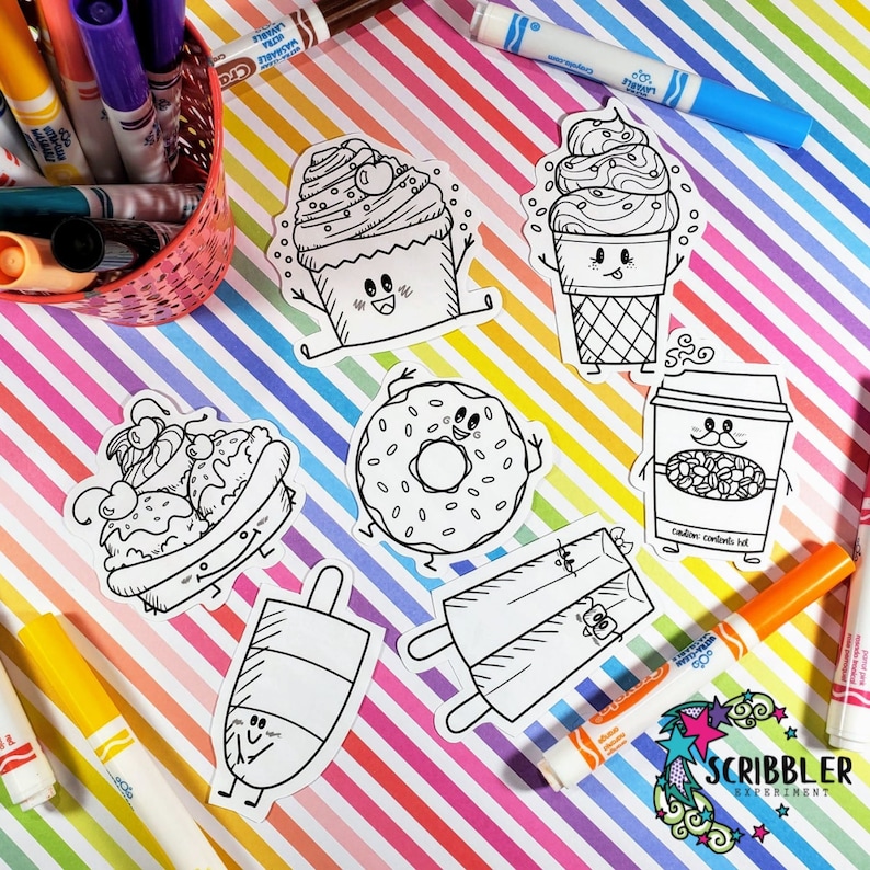 May include: A set of six black and white printable coloring pages featuring cute cartoon food characters. The characters include a cupcake, ice cream cone, donut, coffee cup, popsicle, and ice cream sundae. Each character has a unique expression and is ready to be colored in.