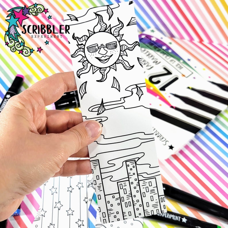 Pode incluir: Uma p&aacute;gina para colorir em preto e branco com um sol de &oacute;culos de sol, nuvens e edif&iacute;cios. A p&aacute;gina &eacute; intitulada "Scribbler Experiment".