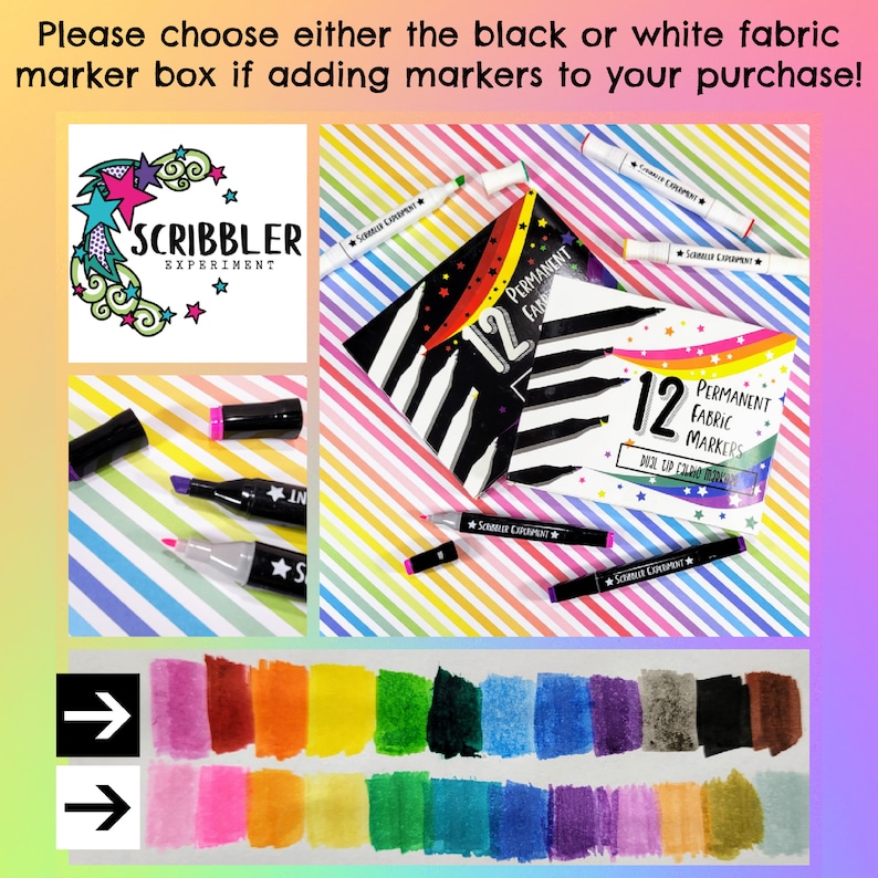 May include: Two boxes of 12 permanent fabric markers in black and white with a rainbow striped background. The boxes have a star design and the text "Scribbler Experiment" and "Permanent Fabric Markers". The image also shows a close-up of the markers and a color chart of the 12 colors.