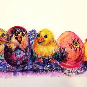 May include: Four yellow chicks with large eyes are peeking out of cracked eggshells. The eggshells are decorated with purple, blue, and red paint. The chicks are surrounded by green grass and purple flowers.