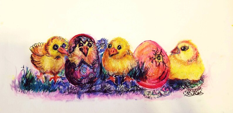 May include: Four yellow chicks with large eyes are peeking out of cracked eggshells. The eggshells are decorated with purple, blue, and red paint. The chicks are surrounded by green grass and purple flowers.