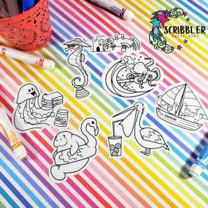 Pegatinas para colorear en la playa, paquete de pegatinas de comida, paquete de pegatinas kawaii, pegatinas para cuadernos, coloree sus propias pegatinas, actividades de viaje por carretera para niños
