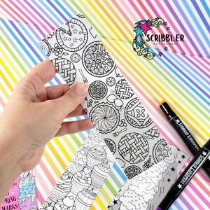 May include: A set of three black and white coloring bookmarks featuring different designs. The bookmarks are on a rainbow striped background. The text "SCRIBBLER EXPERIMENT" is visible on the top right corner of the image.