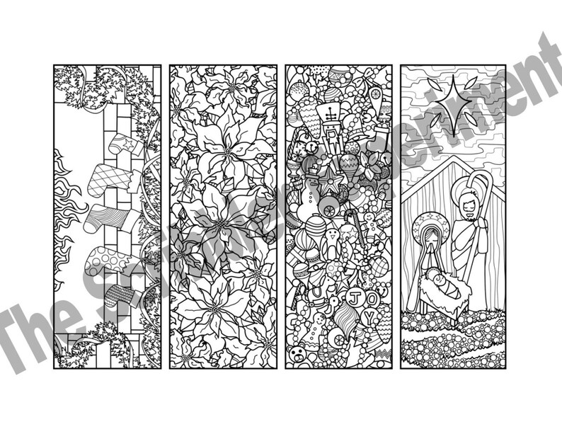 May include: Four black and white Christmas themed bookmark designs. The first bookmark features a fireplace with stockings hanging from it. The second bookmark features a poinsettia flower. The third bookmark features a variety of Christmas ornaments and symbols. The fourth bookmark features the nativity scene with Mary, Joseph, and baby Jesus.