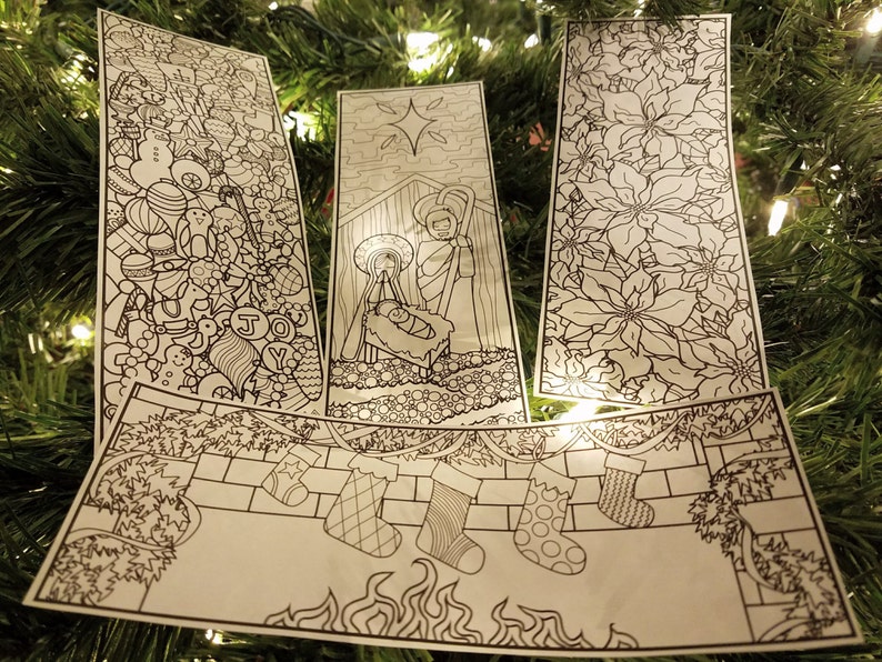 May include: Four black and white Christmas-themed coloring pages. The pages feature a nativity scene, a poinsettia flower, a stocking hanging on a brick wall, and a page filled with Christmas-themed doodles.