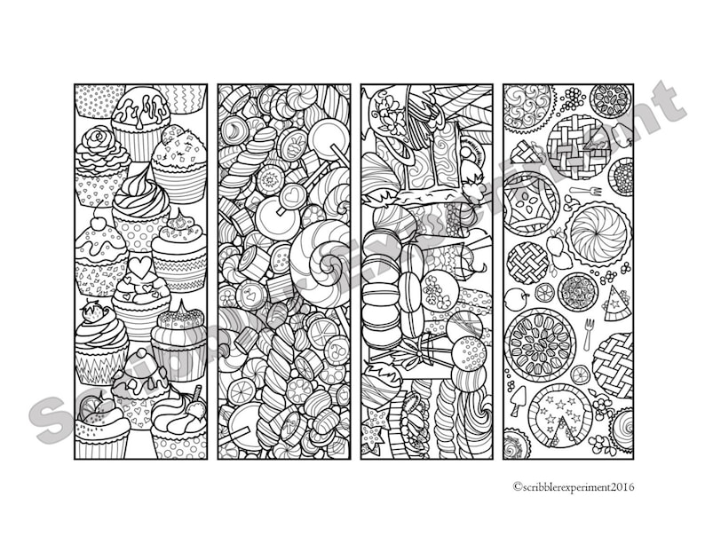 May include: Four black and white bookmark designs featuring different food themes. The first bookmark features cupcakes, the second features candy, the third features pastries, and the fourth features pies.