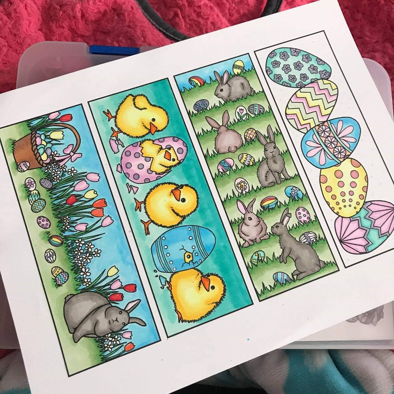 May include: A set of four colorful bookmarks featuring Easter-themed illustrations. The bookmarks depict chicks, bunnies, and eggs with intricate designs. Each bookmark is approximately 10 cm in length.