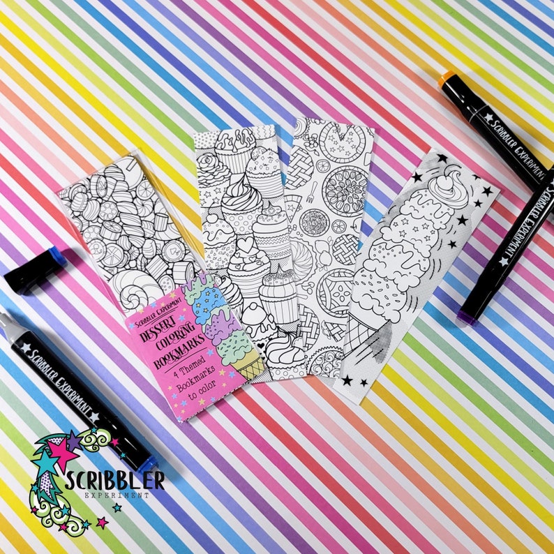 May include: Four black and white dessert themed bookmarks with a pink and white card that says "Scribbler Experiment Dessert Coloring Bookmarks 4 Themed Bookmarks to Color".