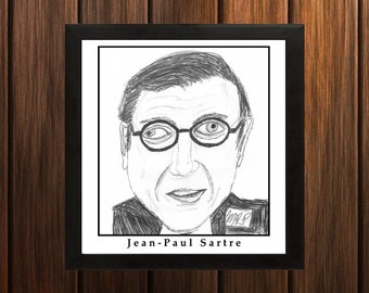 Jean-Paul Sartre - Sketch Print - 8.5x9 inches - Black and White - Pen - Caricature Poster