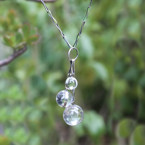 Rock Quartz Crystal Ball Sterling Silver Atomic Pools of Light Necklace Handmade Chain Mid Century Modernist Inspired