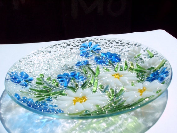 皿・プレート Fused glass platter beauty artist made Wildflower Glass Dish - Handcrafted Fused Glass Plate for Kitchen
