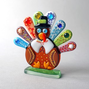 Funny turkey, Thanksgiving table decoration, fused glass statuette, desk accessories. image 4