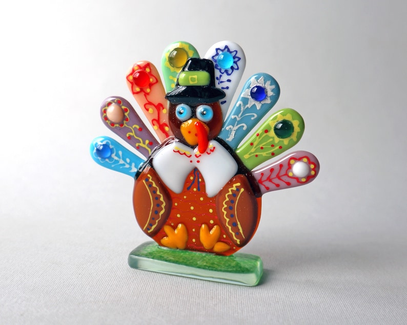 Funny turkey, Thanksgiving table decoration, fused glass statuette, desk accessories. image 4