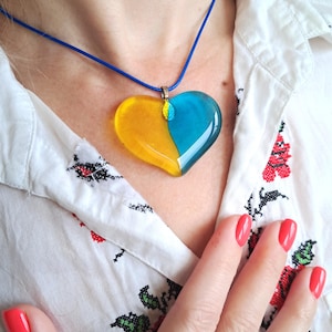 Fused glass pendant, heart with Ukrainian flag, yellow and blue. Ukrainian souvenir.