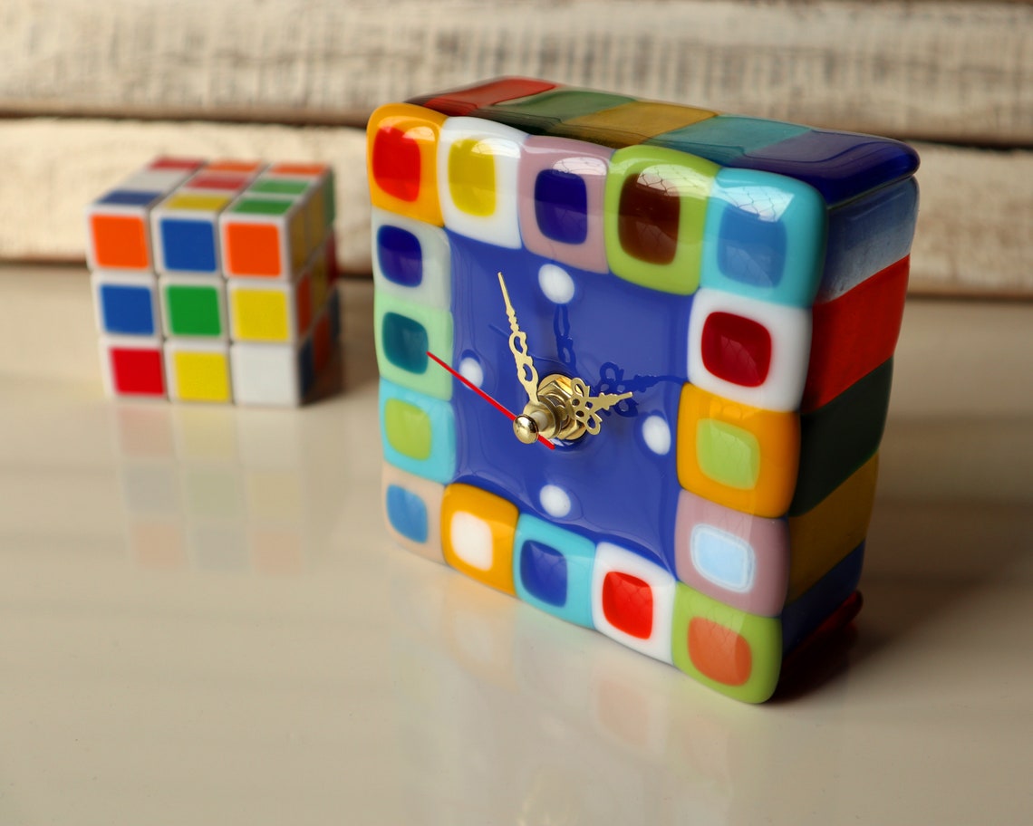 Fused Glass Desk Clock Small Table Clock 4 X 4 Inches Bright Etsy