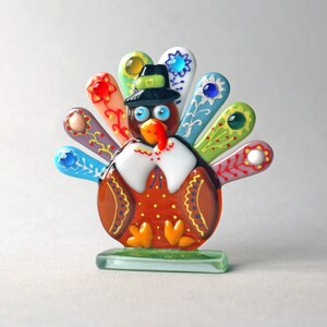 Funny turkey, Thanksgiving table decoration, fused glass statuette, desk accessories. image 2