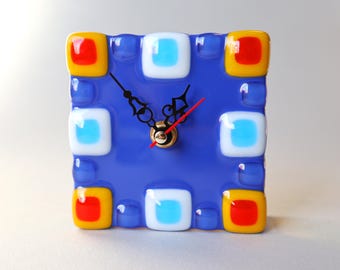 Handmade Fused Glass Cube Clock: Modern Colorful Desk Decor, Small Table Clock