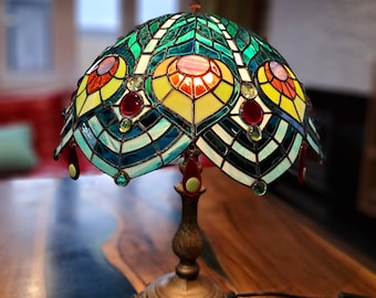 Handmade stained glass lamp, home decor, table lamp, peacock feathers