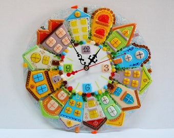 Round Wall Clock Township, Fused glass wall clock, Glass Art