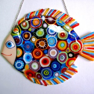 Abstract fused glass art panel colorful artwork Cosmic Fish