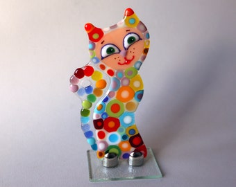 Fused glass kitty, stained glass table statuette