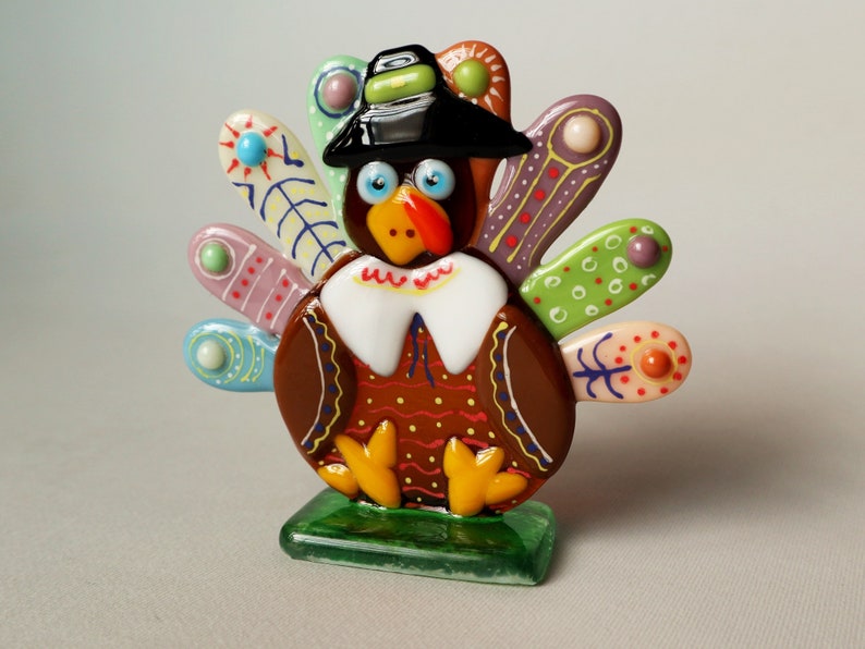 Funny turkey, Thanksgiving table decoration, fused glass statuette, desk accessories. image 6