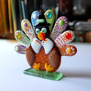 Funny turkey, Thanksgiving table decoration, fused glass statuette, desk accessories. image 3